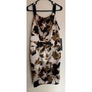 Nine & Co 12 Brown & Ivory Floral Sleeveless Satin A Line Dress With Pockets